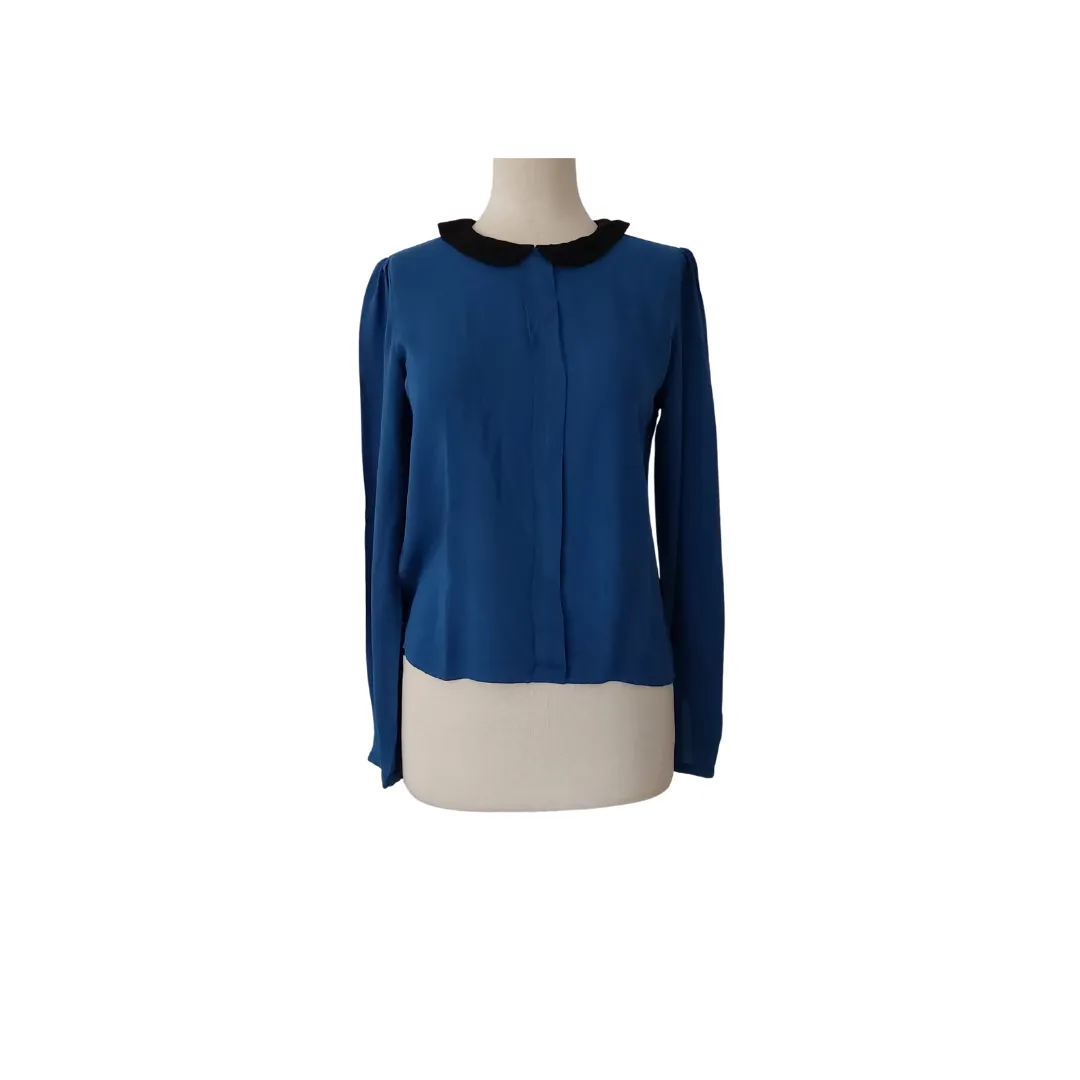 ZARA Blue with Black Peter Pan Collar Blouse | Pre Loved |